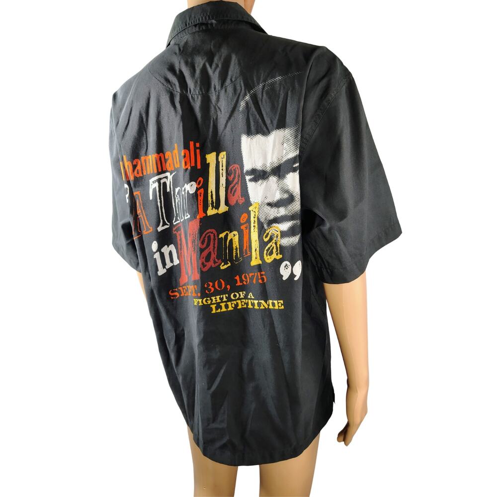 1990s Mohammed Ali Platinum Fubu Black Button Up Short Sleeve Shirt Size Medium